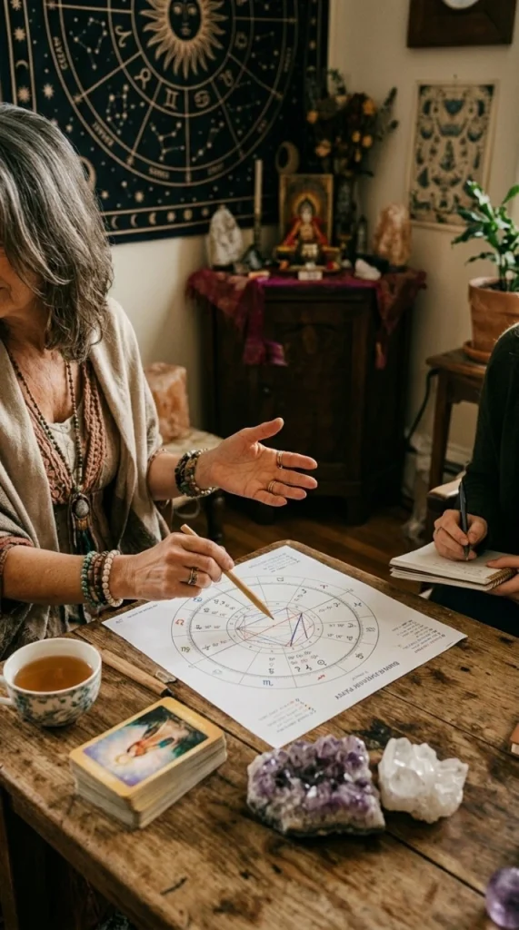astrologer-showing-calculations-and-chart-to-girl